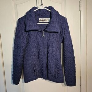 Aran Crafts Wool Blue Zip Up Sweater Sz XS